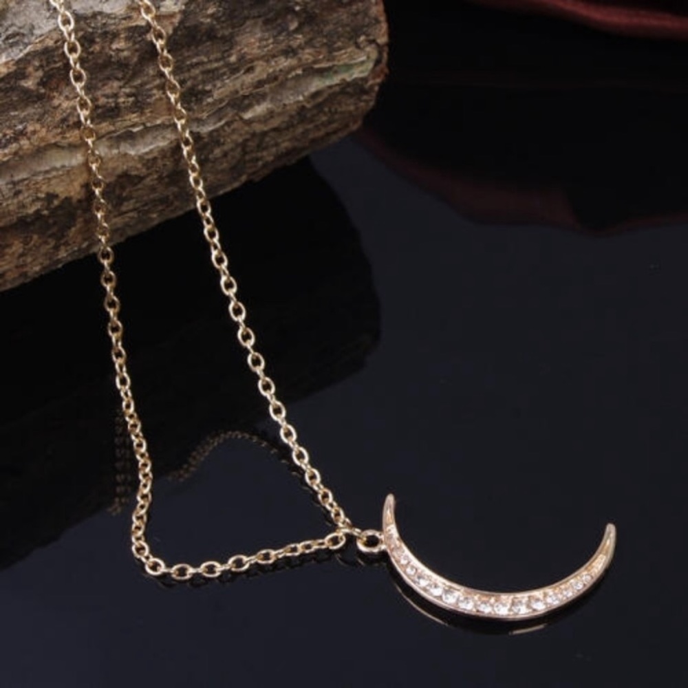 Gold Crescent Moon Necklace W/ Pretty Rhinestones